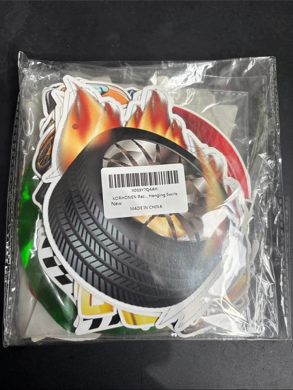 Racing Tire&Flame Hanging Swirls - Black, Red, Orange, Yellow, Green UNOPENED